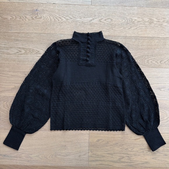 Sheer Black Crochet Mock Neck Long Sleeve Button Up Blouse Top Boho Small - Picture 14 of 15